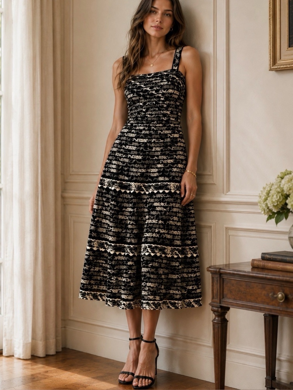 Anthropologie Elevenses Dress Size 2 Black White Lace Cotton Midi Cocktail
